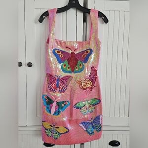 QUEEN OF SPARKLES Pink Sequin Butterfly Mini Dress